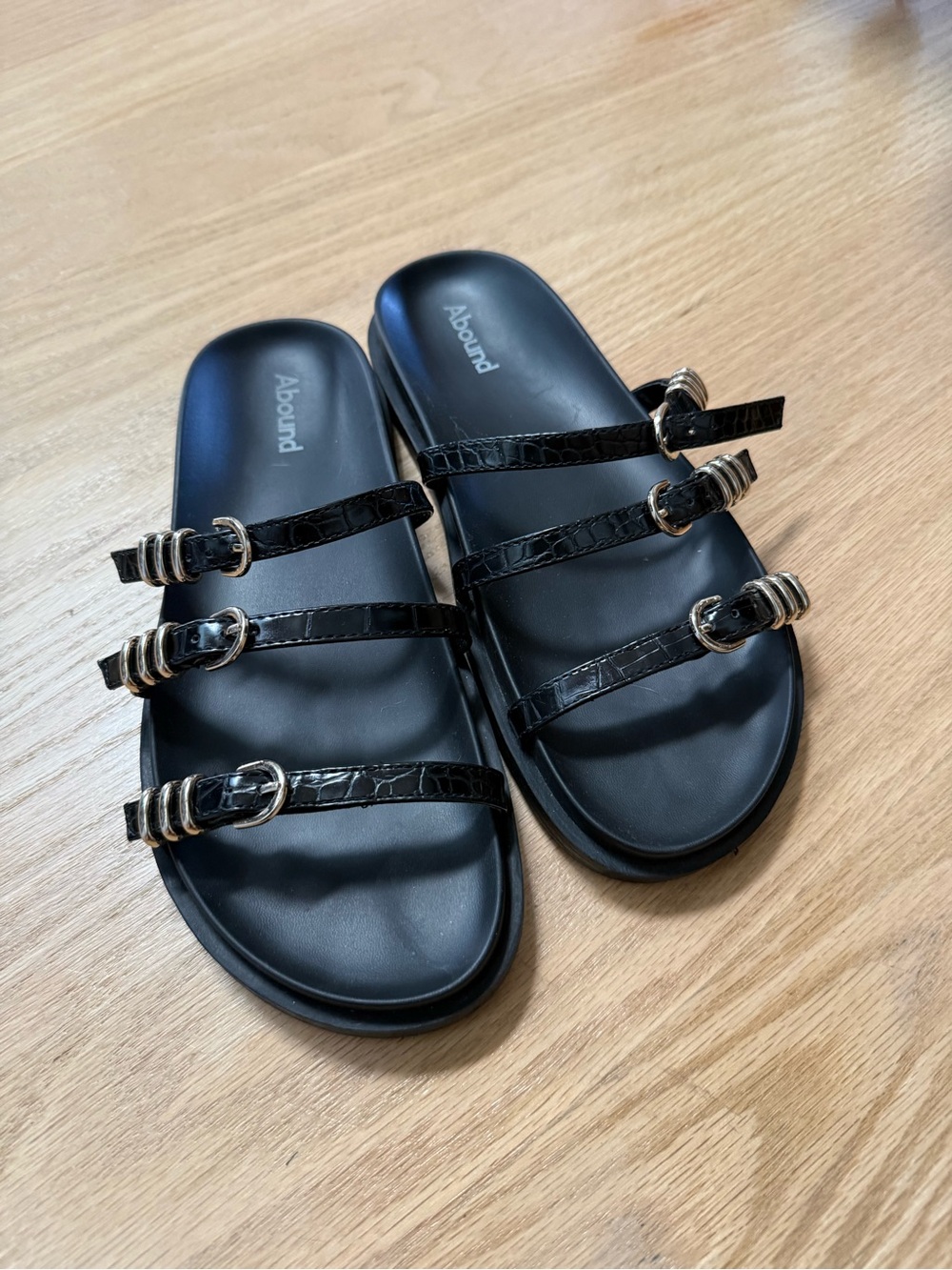 Abound Black Croc-Effect Triple-Buckle Slide Sandals with Gold Hardware